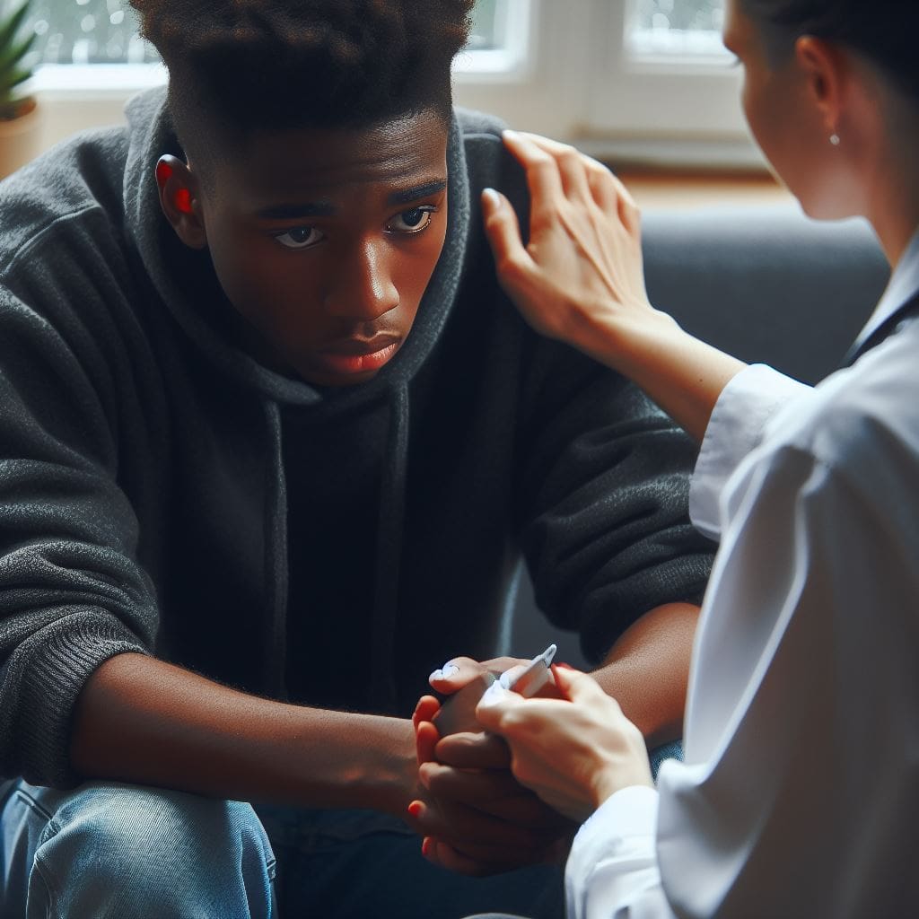 A black teenager seeking help from a professional mental health worker