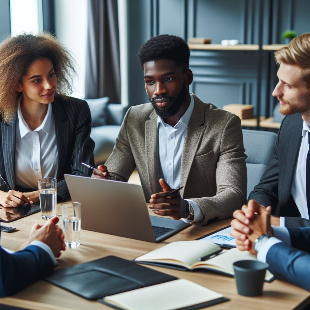 A business owner exhibiting leadership communication with his team members