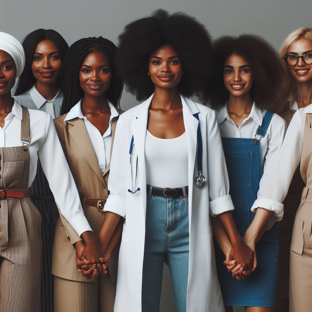 A-group-of-Black-women-from-different-professions-standing-together-and-holding-hands