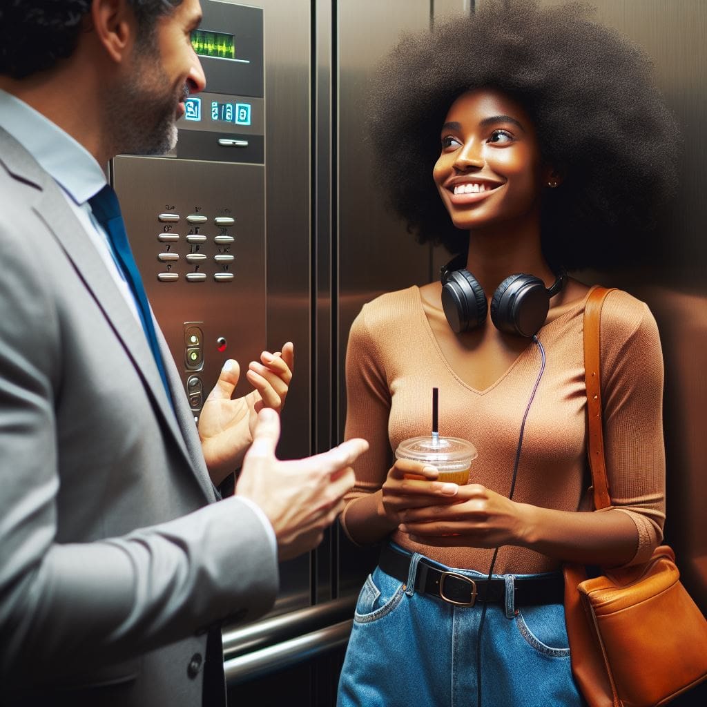 Image-of-a-Black-person-communicating-with-a-colleague-in-an-elevator