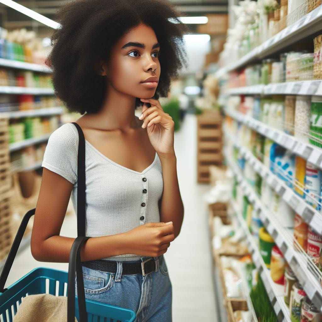 Image of a Young lady at a mart going through the process of decision-making