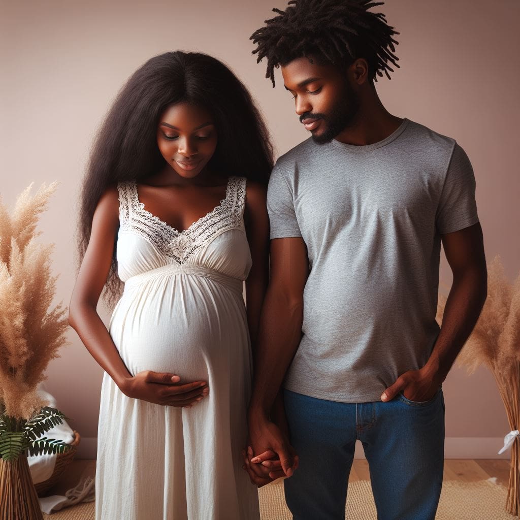 image of a black pregnant woman holding hands with her husband