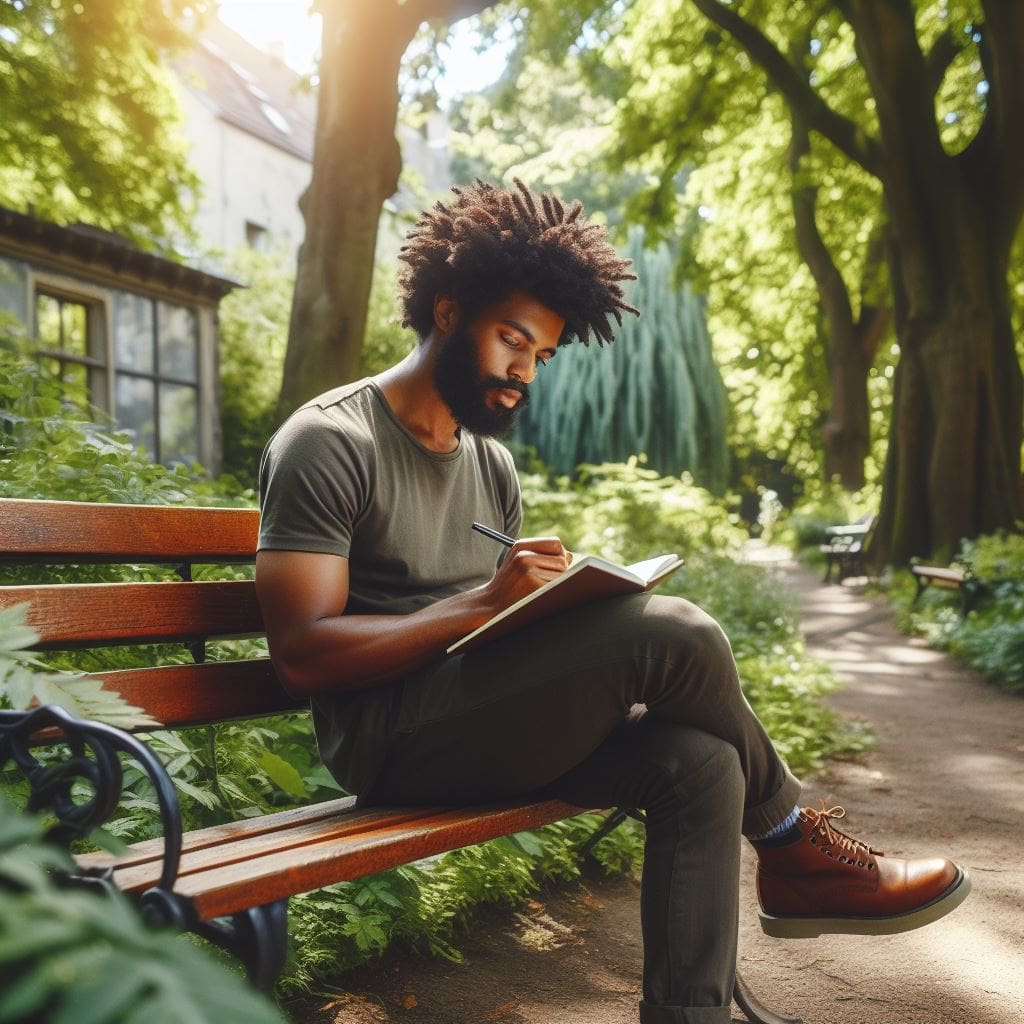 A-Black-man-sitting-on-a-park-bench-writing-in-a-journal