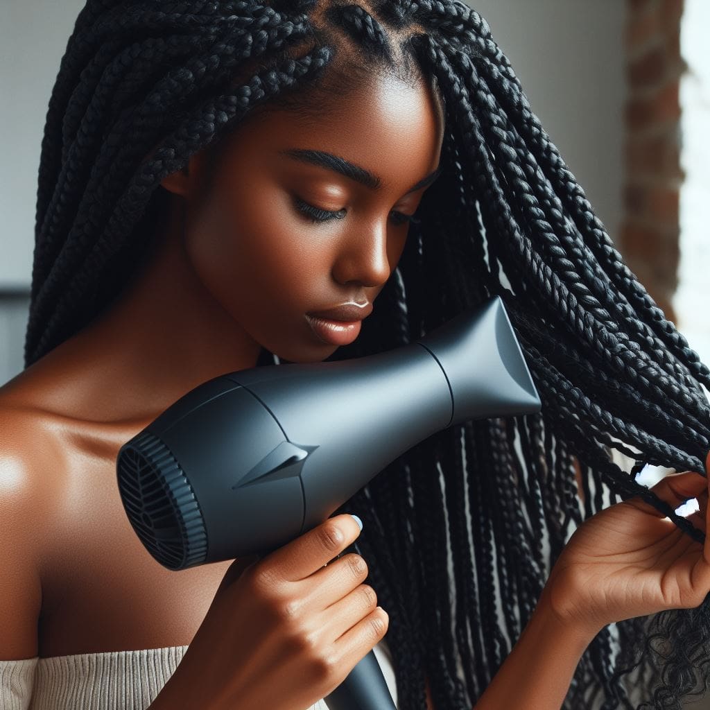 A-Black-woman-blow-dries-her-freshly-washed-braids-on-a-cool-setting