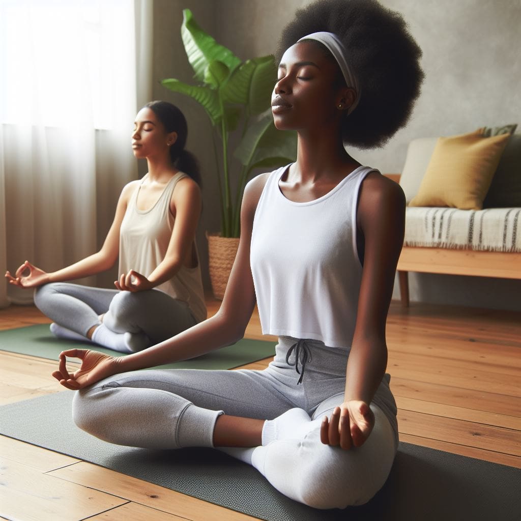 A-Black-woman-in-comfortable-clothing-sitting-in-a-lotus-position-on-a-yoga-mat