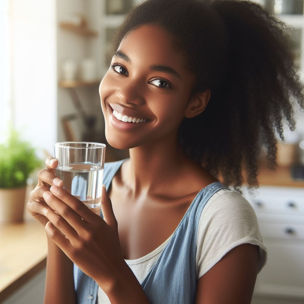 A-Black-woman-smiles-as-she-drinks-a-glass-of-clear-water-in-a-sunny-kitchen.