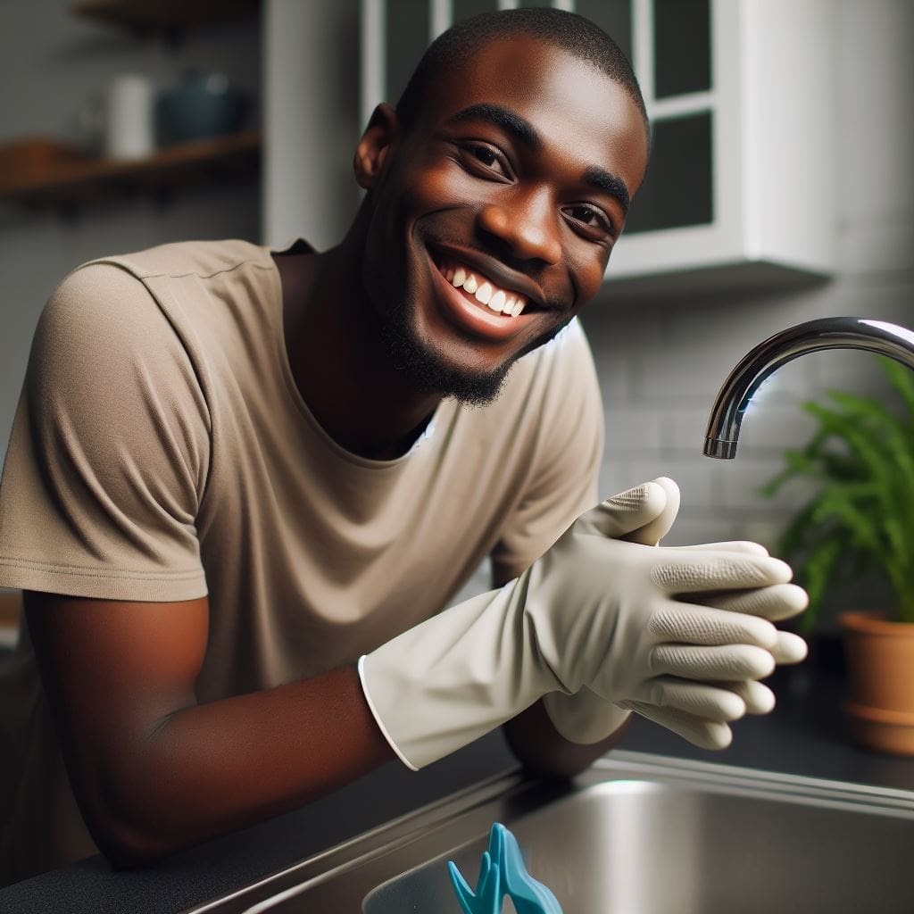 A person wearing gloves to prevent peeling skin while washing