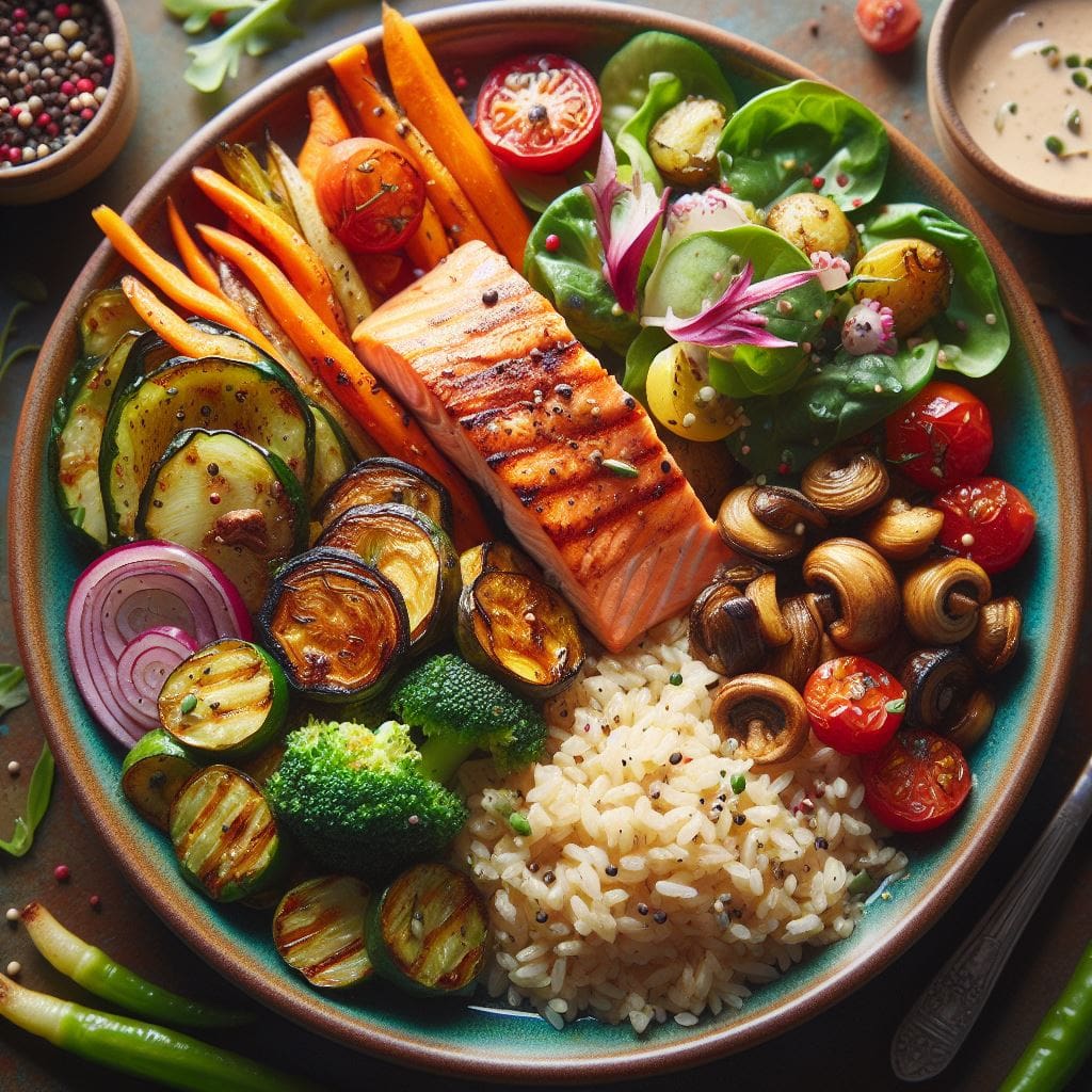 Heart-healthy meal on a plate with salmon, vegetables, brown rice, and salad, depicting a nutritious dietary choice