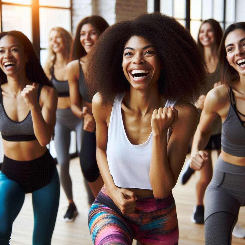 A group of African women enjoying a Zumba dance fitness class together.