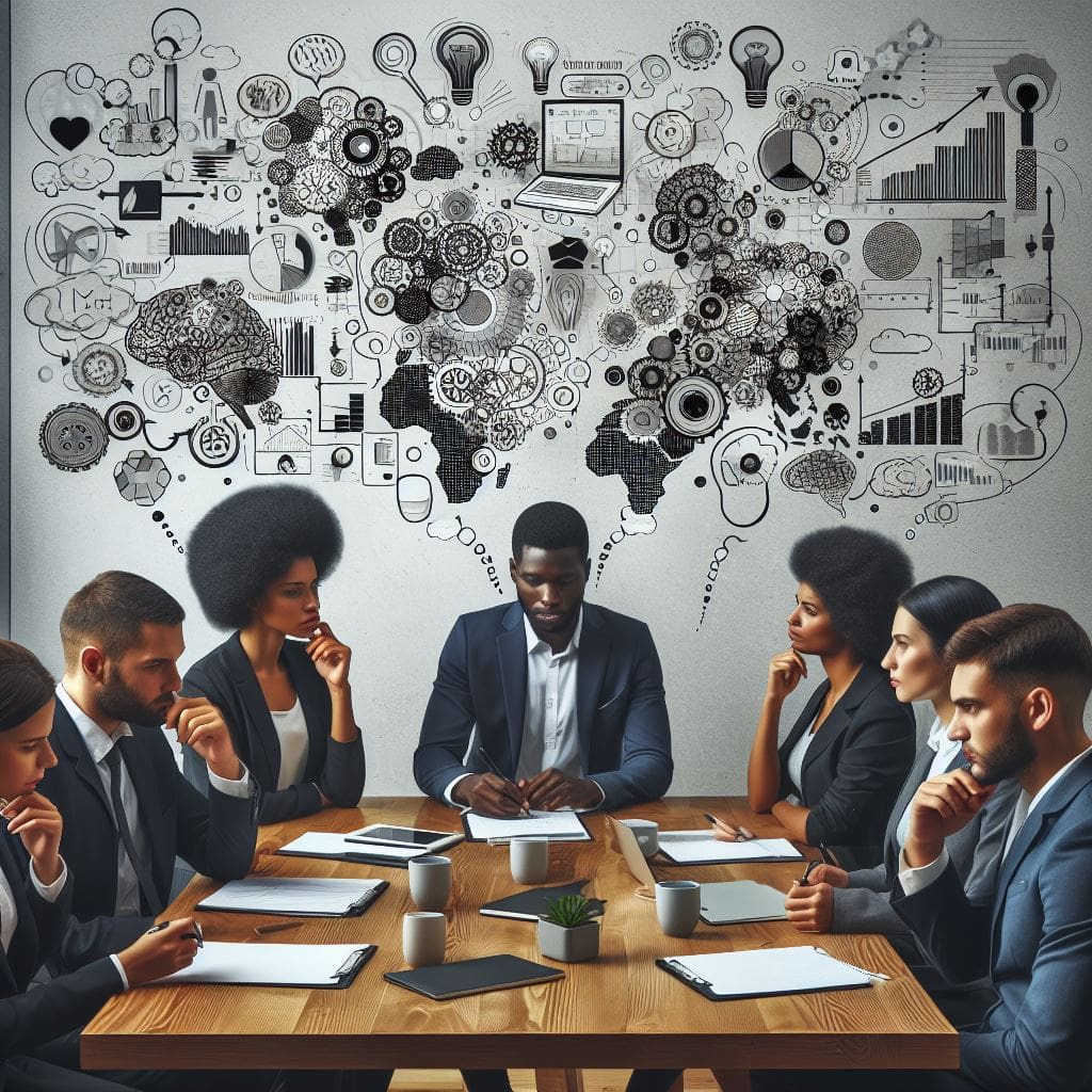 A-group-of-Black-people-brainstorming-ideas-in-a-meeting-room-with-thought-bubbles-depicting-Intelligence-quotient-processes.