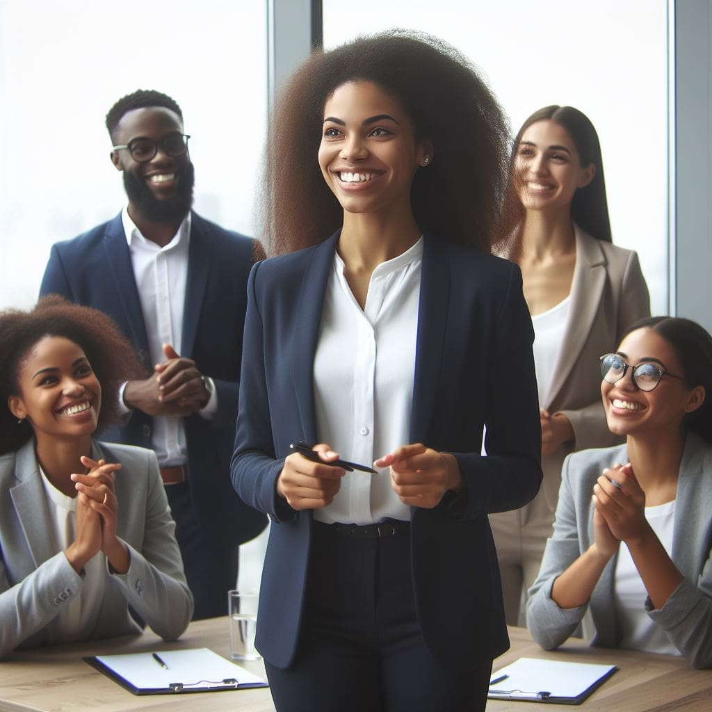 A leader giving a presentation to a group of black professionals