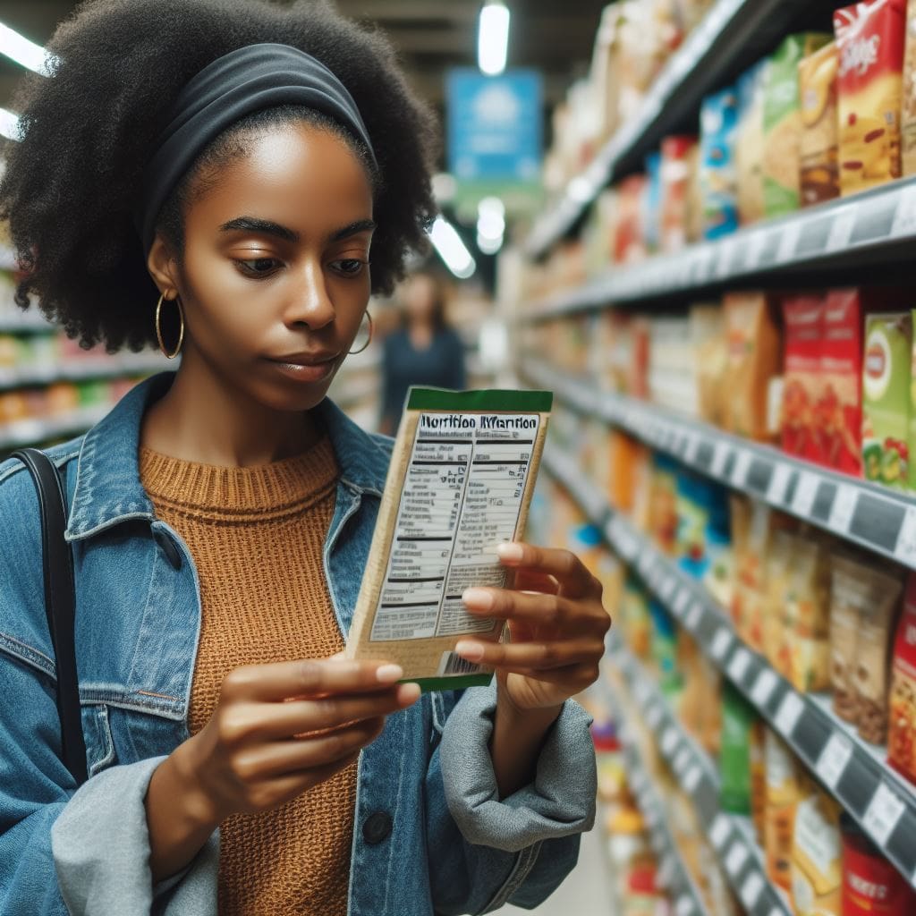  Person reading a food label at the supermarket, highlighting the importance of understanding food labels for healthy choices