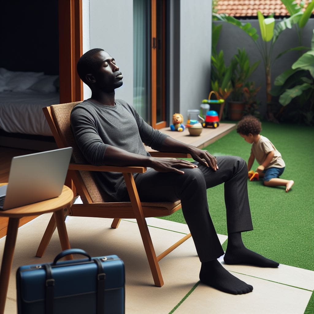 A-black-person-sitting-on-a-chair-in-the-balcony-of-a-house-with-their-eyes-closed