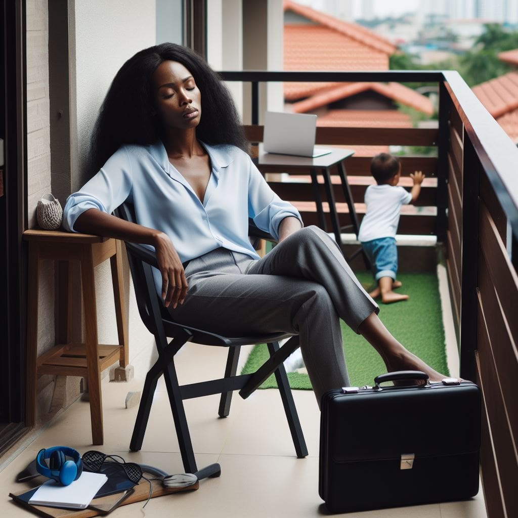 A photo of a black woman sitting on a chair in the balcony of a house, with her eyes closed and a disturbed expression. A laptop and briefcase are nearby on the grass.jpeg