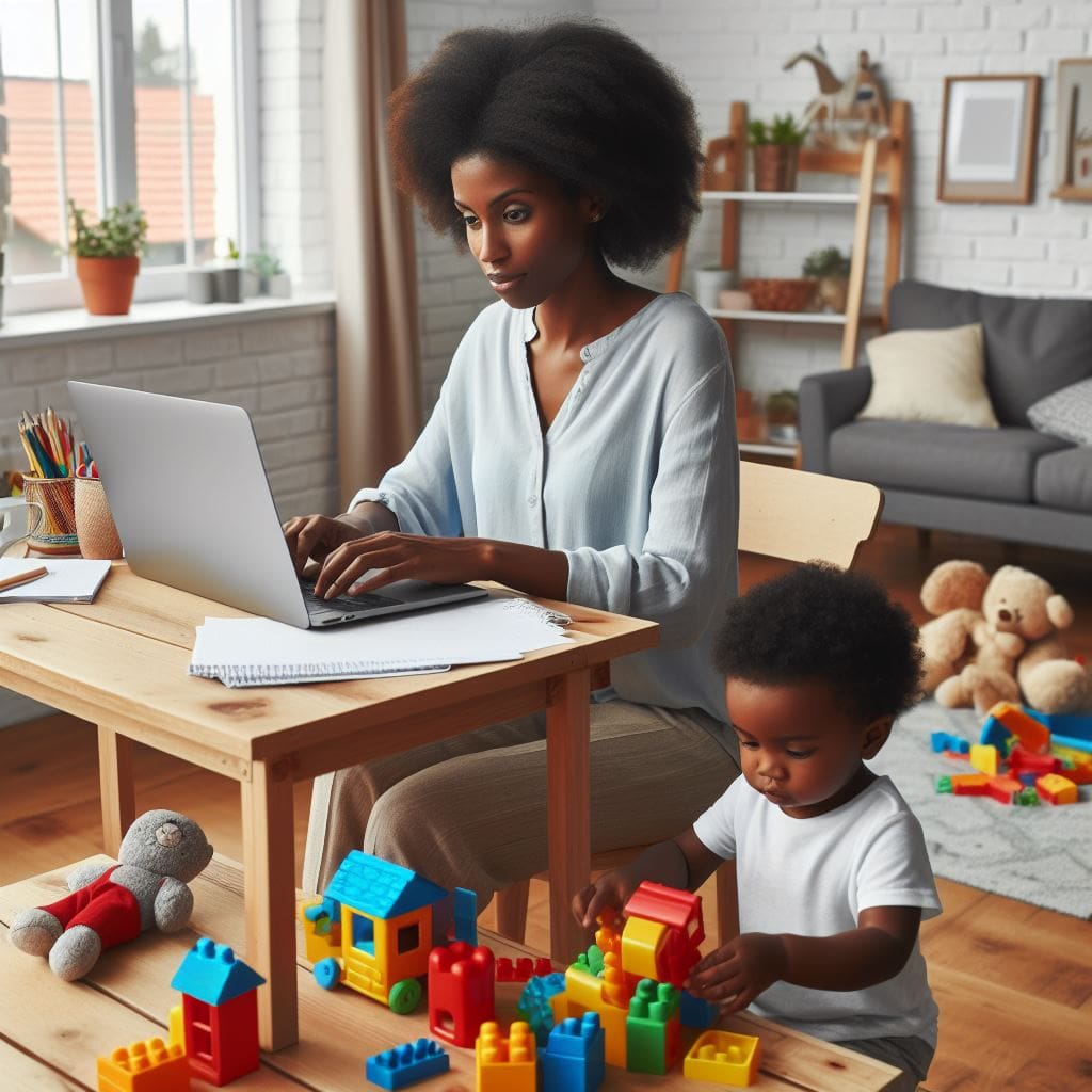 an-African-parent-working-on-a-laptop-at-a-home-office-desk-with-a-child-playing-nearby