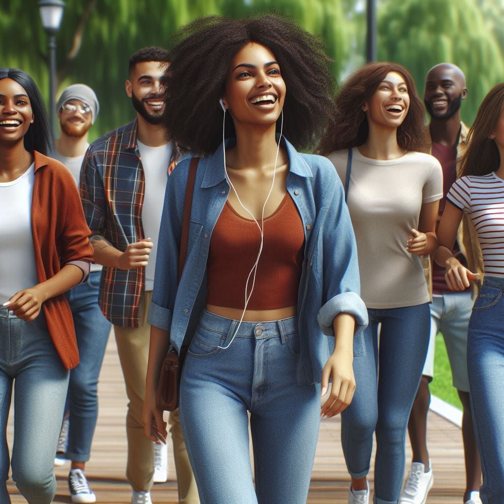 Group-of-black-people-laughing-and-walking-briskly-outdoors-in-a-park-led-by-black-woman