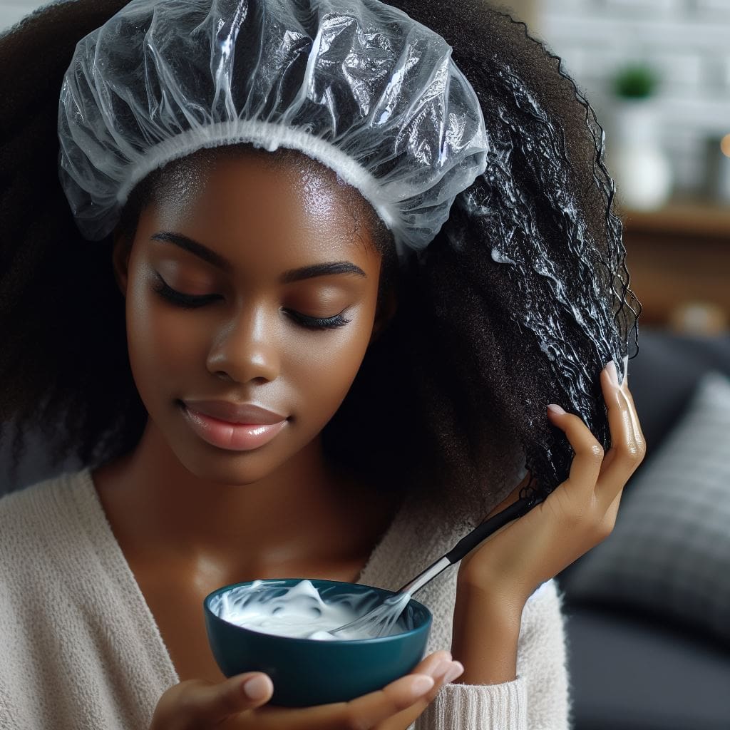 A woman deep conditioning her natural hair with a DIY hair mask, representing a Nigerian haircare practice.