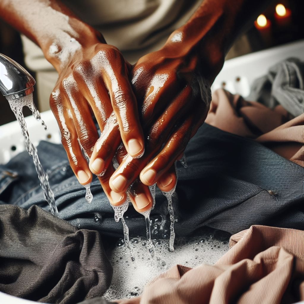 a black person washing clothes with detergent