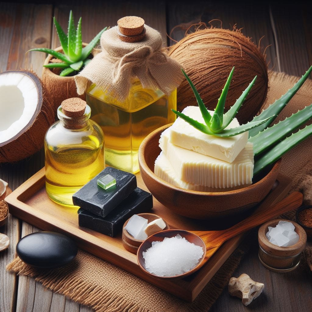 Natural ingredients used in Nigerian beauty traditions, including shea butter, coconut oil, and aloe vera.