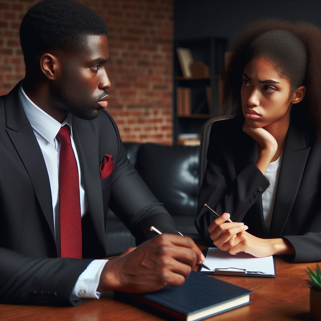 A-leader-a-black-person-sitting-at-a-desk-having-a-conversation-with-an-employee-a-black-woman-who-looks-stressed