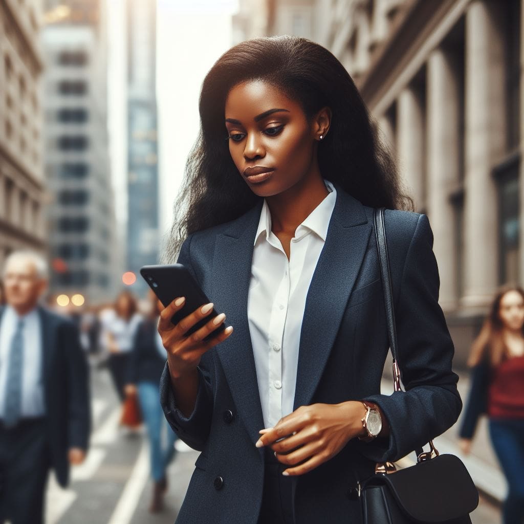 A black professional woman who is busy checking her phone for work update