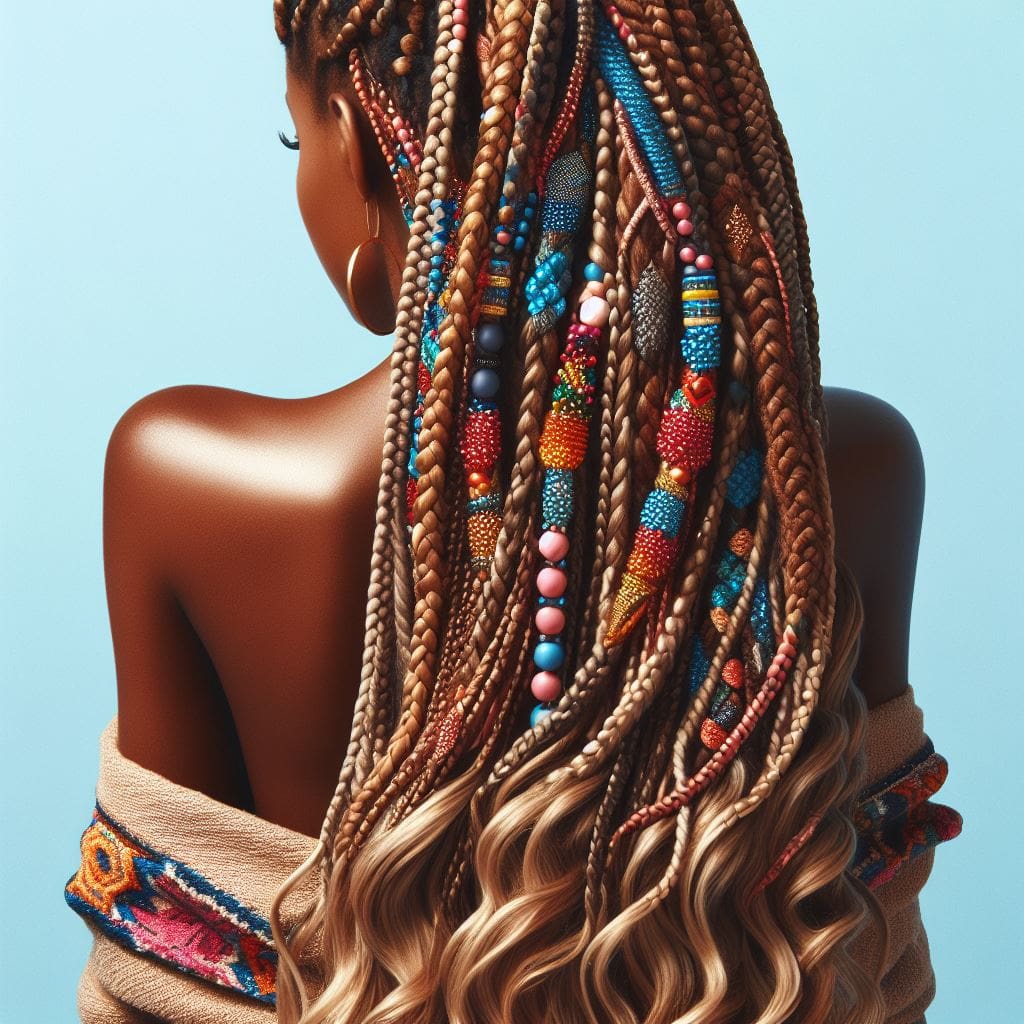 A Nigerian woman with long, healthy braids adorned with beads, showcasing a protective hairstyle.