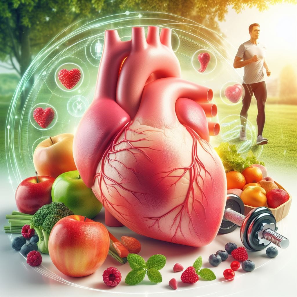 Healthy heart with coronary arteries, surrounded by fruits, vegetables, exercise equipment, and a person walking - representing a heart-healthy lifestyle