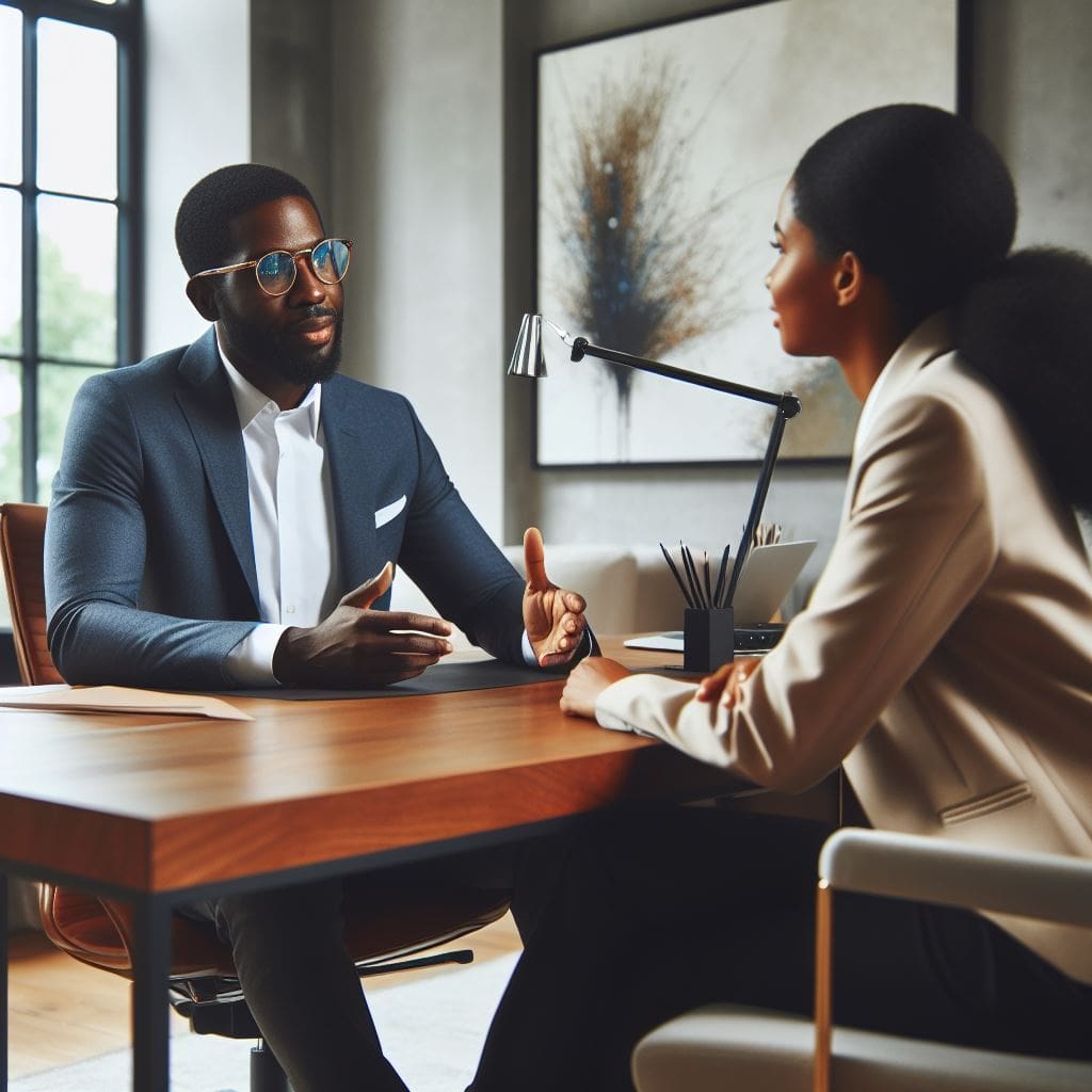 A-leader-sitting-at-a-desk-having-a-conversation-with-an-employee-a-black-woman