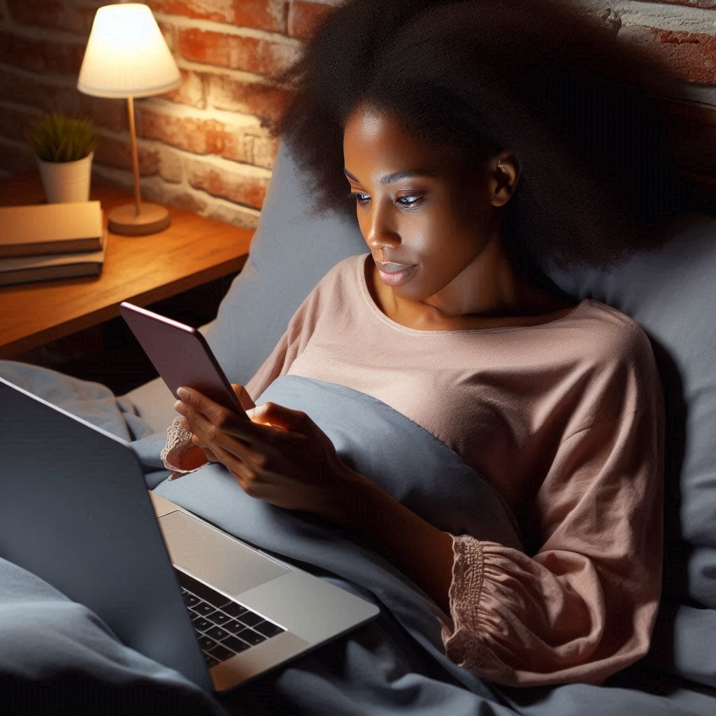 A person using a smartphone or laptop in bed.