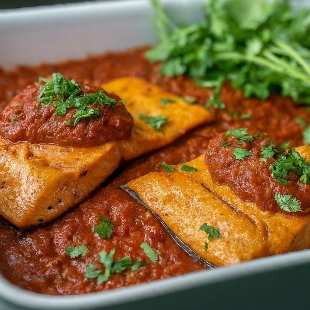 A close-up of baked salmon fillets with a colorful Nigerian-spiced tomato sauce. The dish is presented in a baking dish with fresh herbs as garnish.