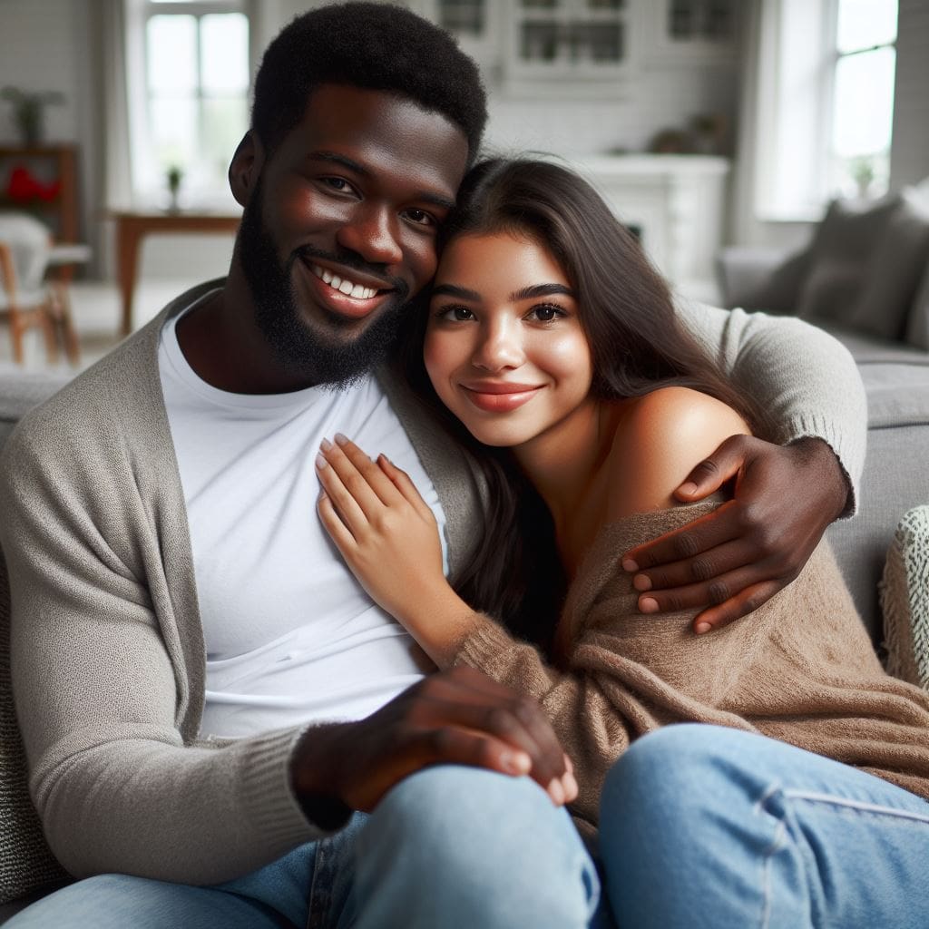 Couple cuddling on a couch, emphasizing emotional intimacy and connection as a way to manage stress.