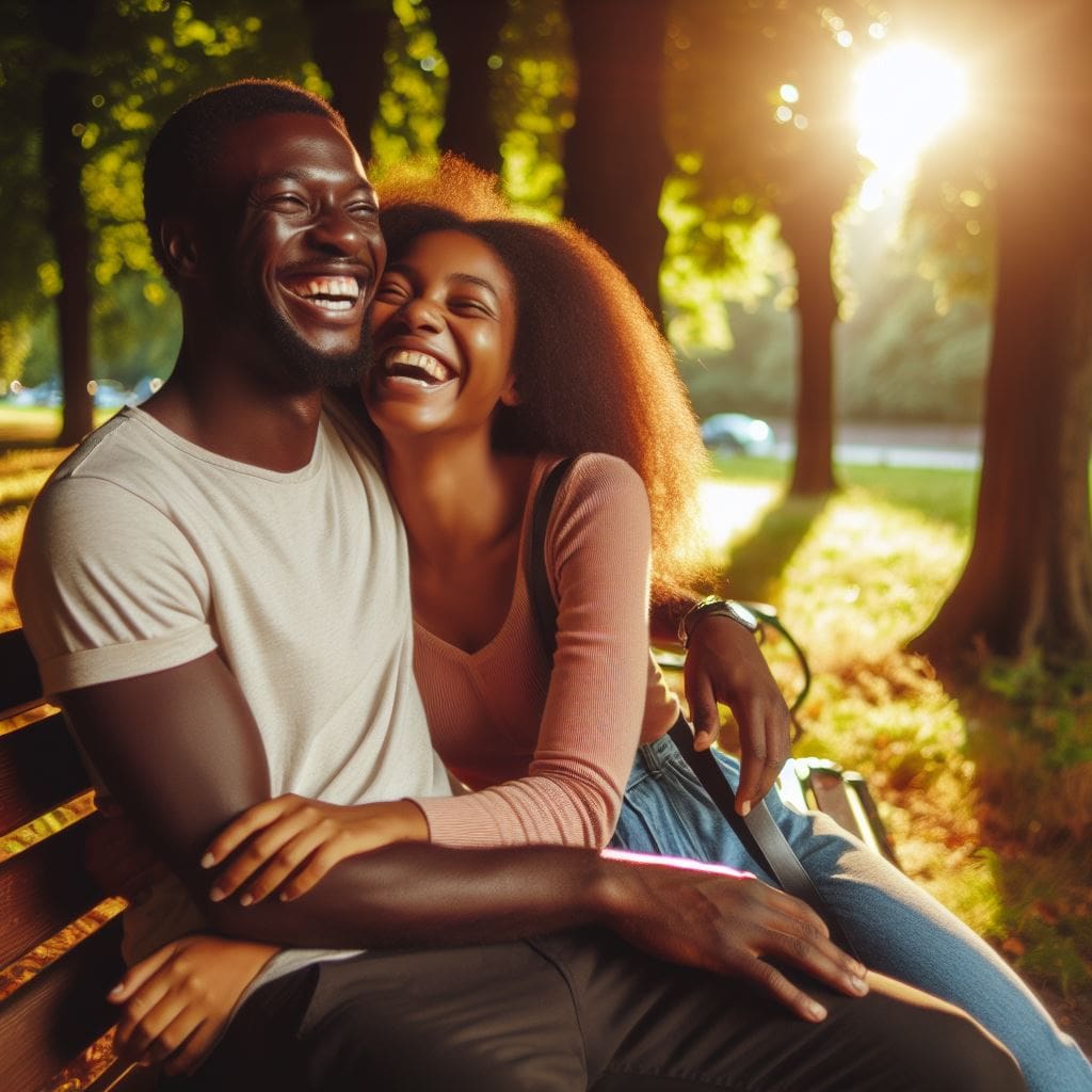 Happy Nigerian man and Black woman embracing in a park, showcasing a joyful and loving relationship.