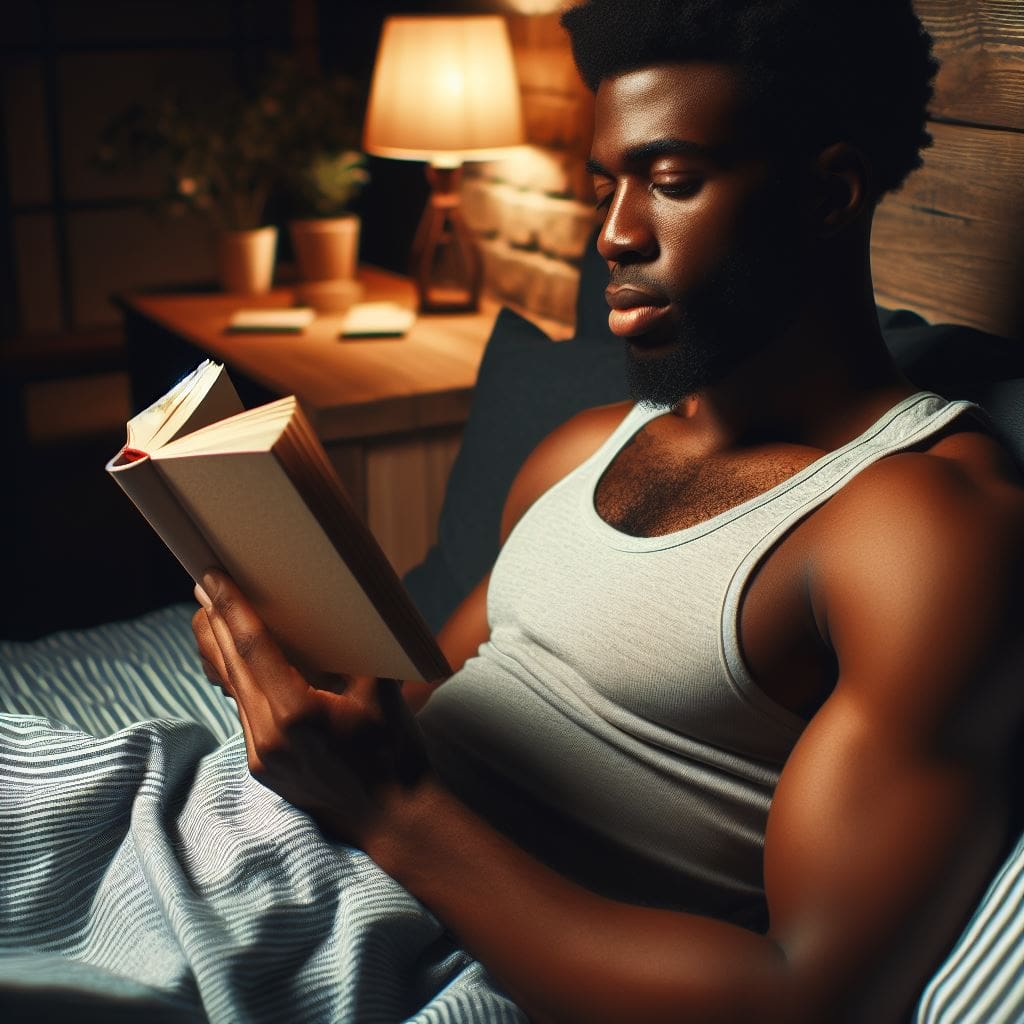 A man practicing good sleep hygiene by reading a book in dim light before bed to promote relaxation