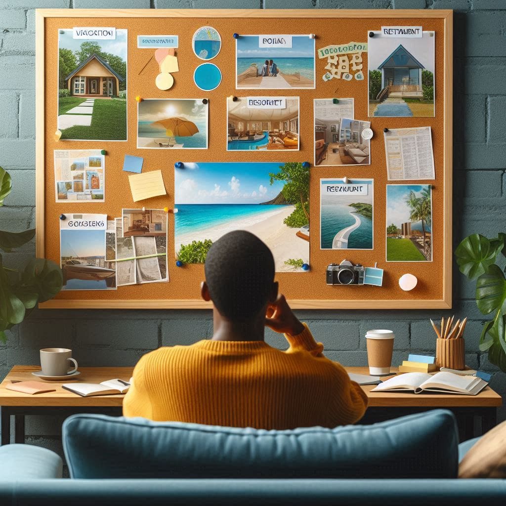 Vision board showcasing a dream vacation house and retirement goals, symbolizing the power of budgeting to achieve financial aspirations.