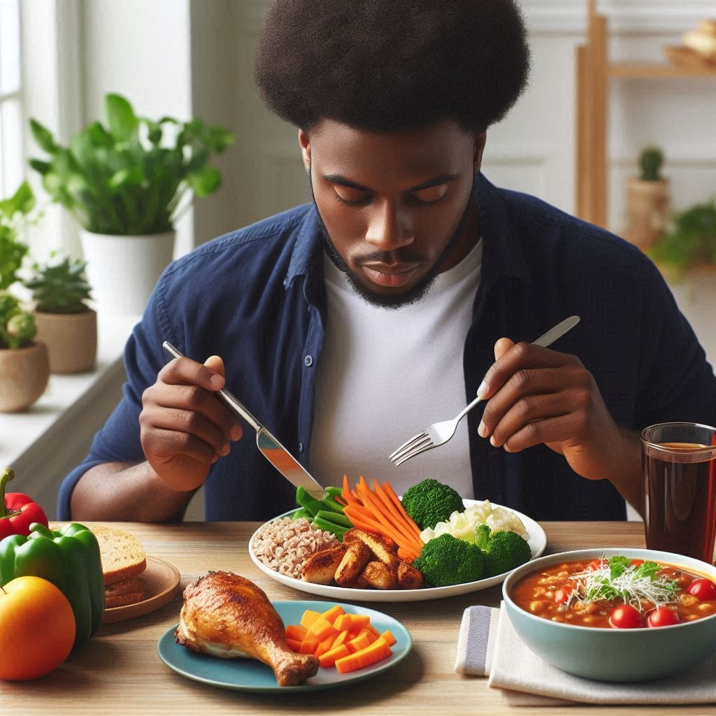 A person enjoying a healthy meal with vegetables, lean protein, and whole grains for balanced blood sugar management