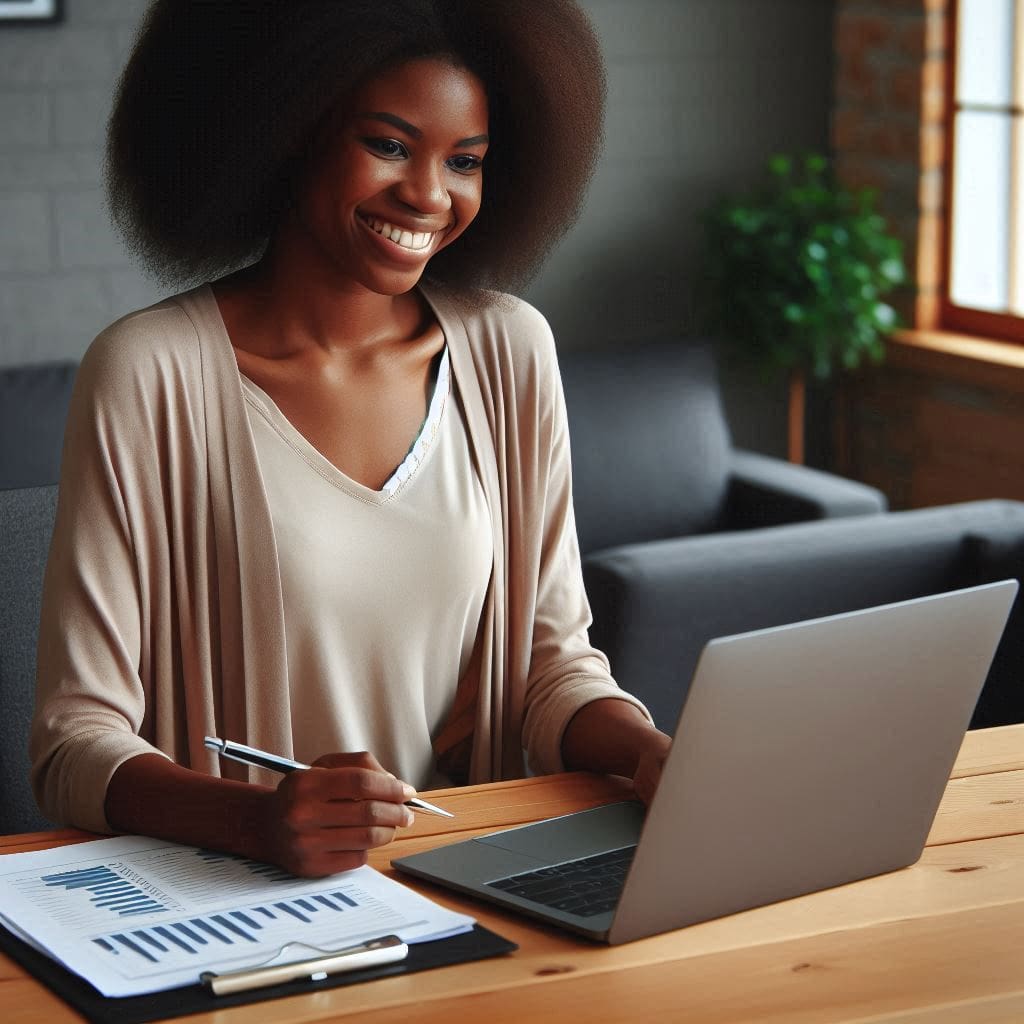 Taking control of finances with a smile. Person reviewing a budget spreadsheet on a laptop to avoid overspending