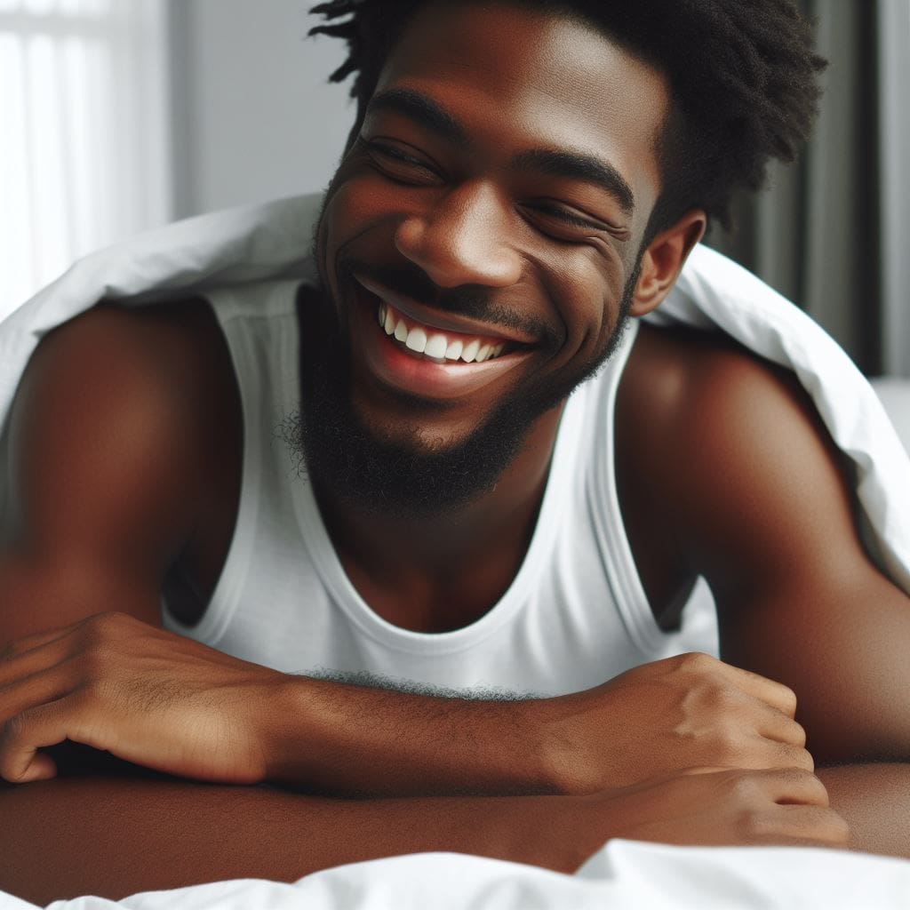 A man feeling energized and happy after getting a good night's sleep due to good sleep hygiene for men.