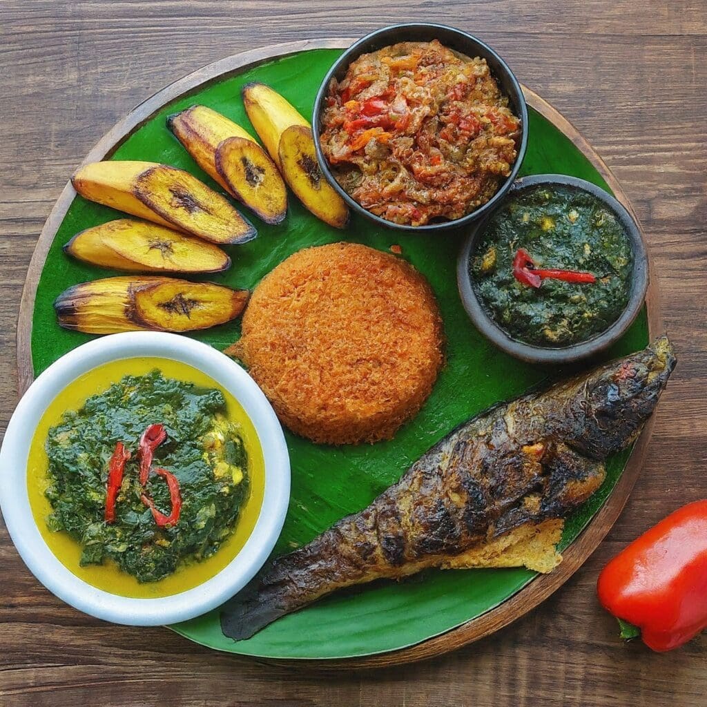 A colorful Nigerian feast showcasing a variety of dishes including Egusi soup, jollof rice, grilled fish, and fried plantains.