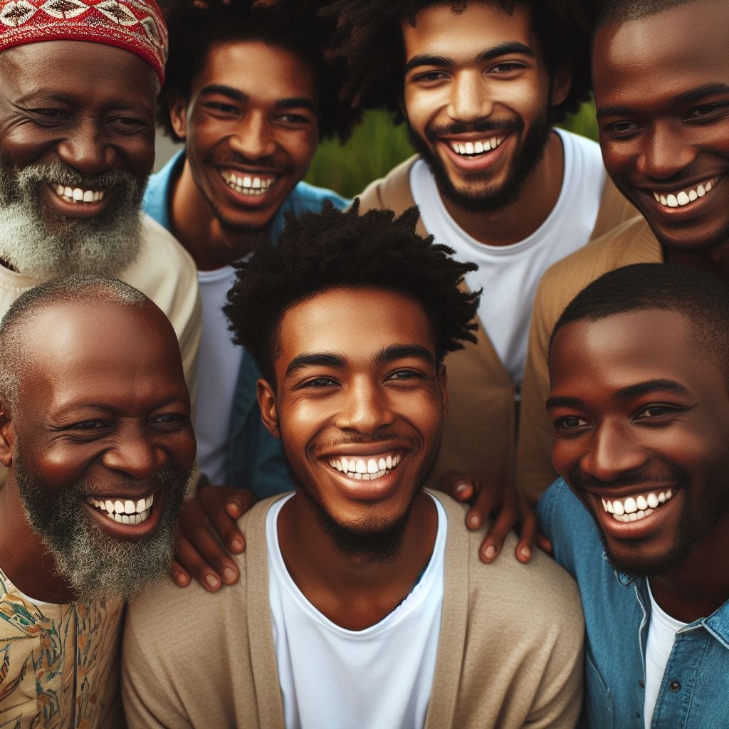 group of men of different ages and ethnicities smiling and engaged in conversation, highlighting the importance of connection and community.