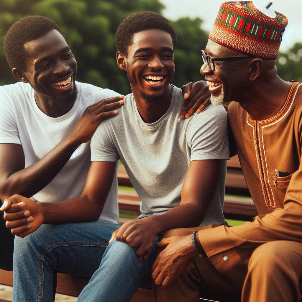 A group of Nigerian friends enjoying conversation and offering support to each other. Reflecting the role of connecting with others in Men's Mental Health