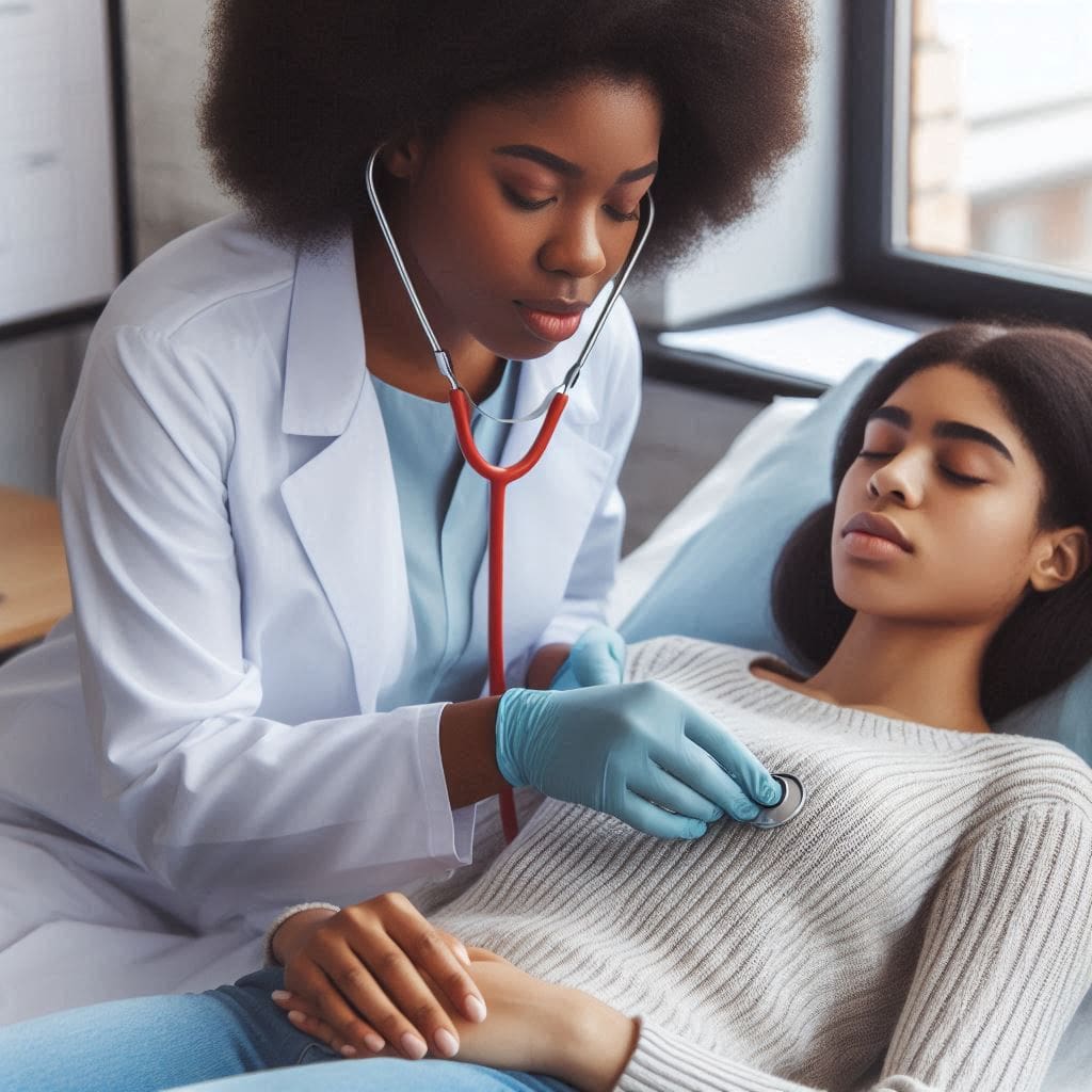 A doctor performing a clinical breast exam on a young woman