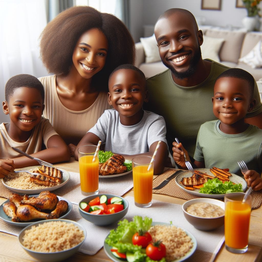 A family enjoying a healthy and delicious meal together, promoting the importance of healthy eating habits for everyone.