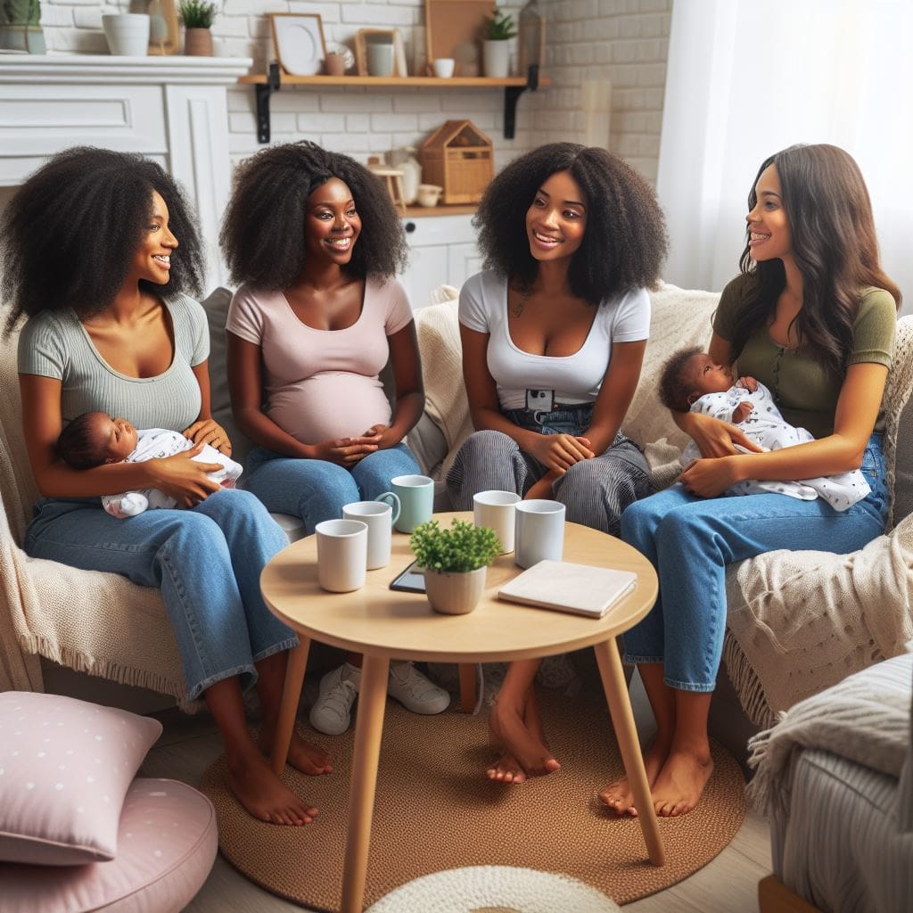 New moms laughing and talking in a supportive group setting to handle postpartum and maternal health