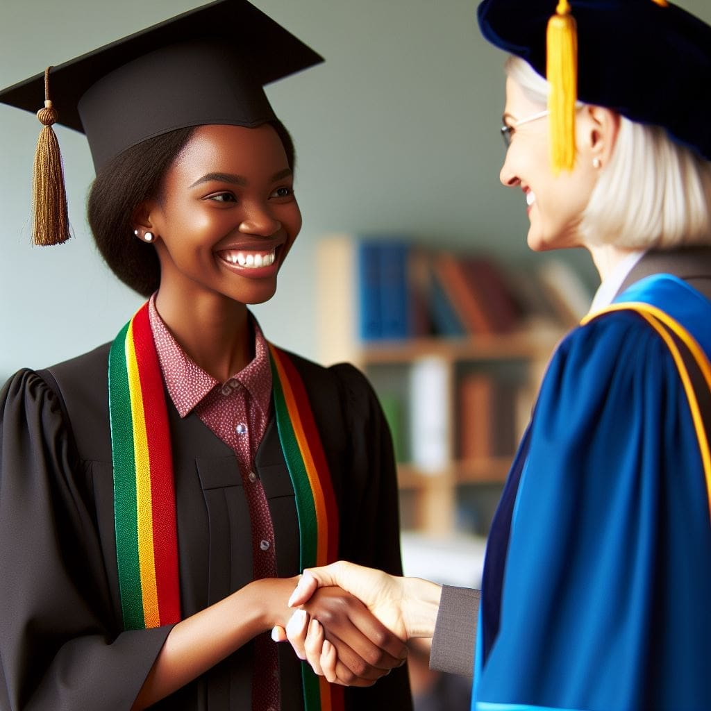 A West African woman celebrates her academic achievement at graduation with a proud female professor.