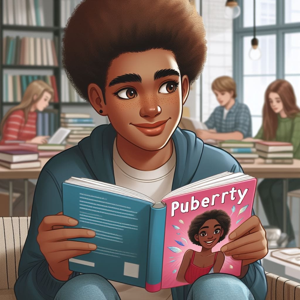 Teenager reading a book about puberty for information on changes in their body.