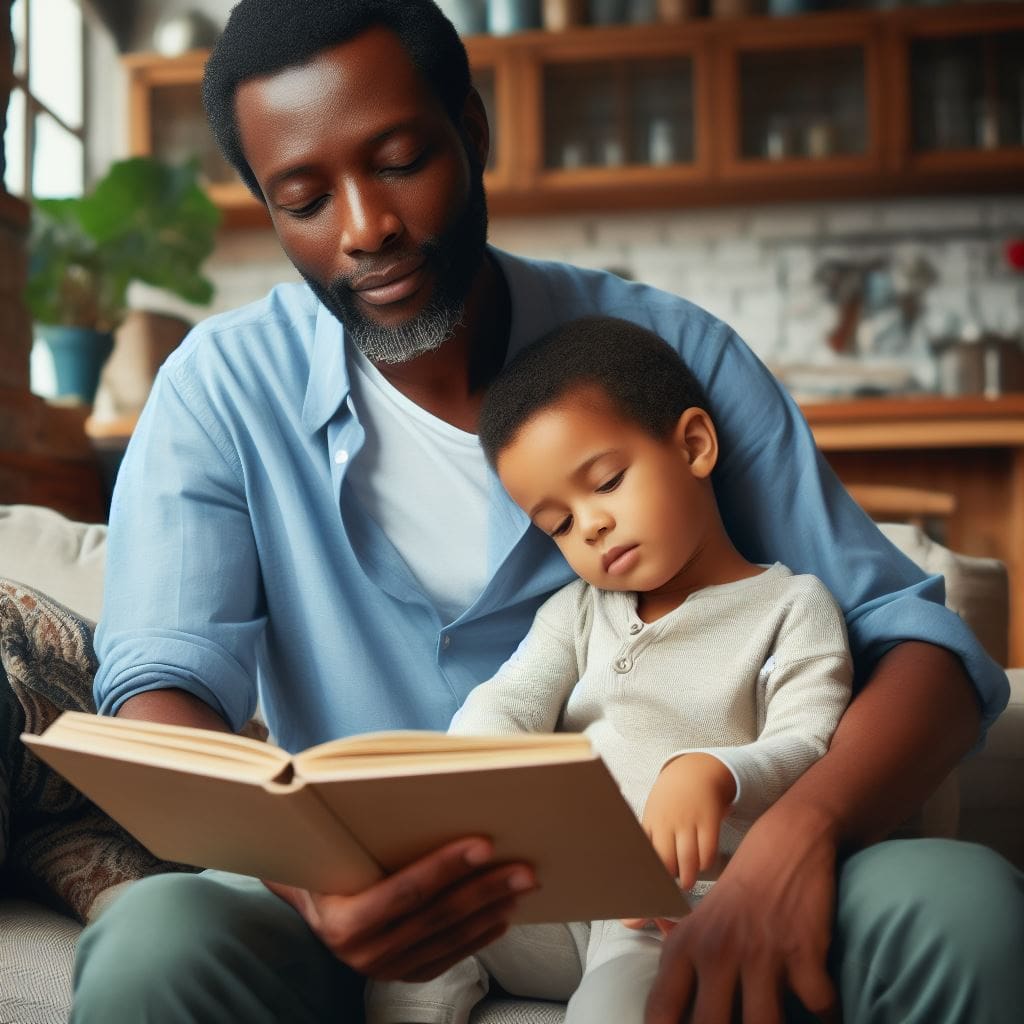 A man reading a book to a child, showcasing nurturing and involvement in family life.