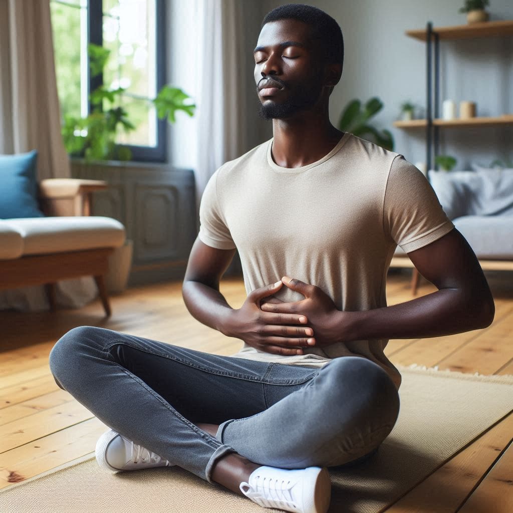 Man practicing deep breathing exercises for stress relief, emphasizing relaxation techniques.