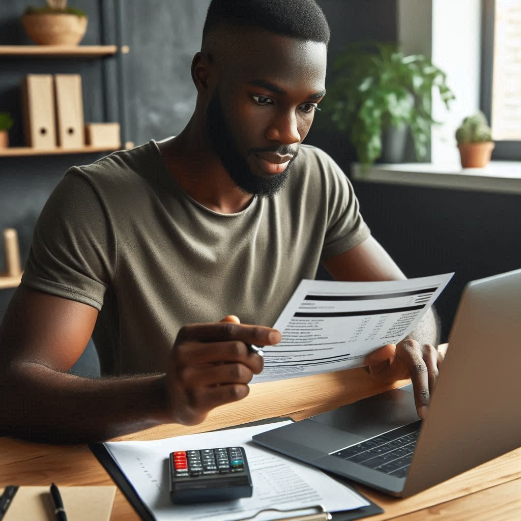 Person tracking credit card spending and analyzing statements on a laptop.