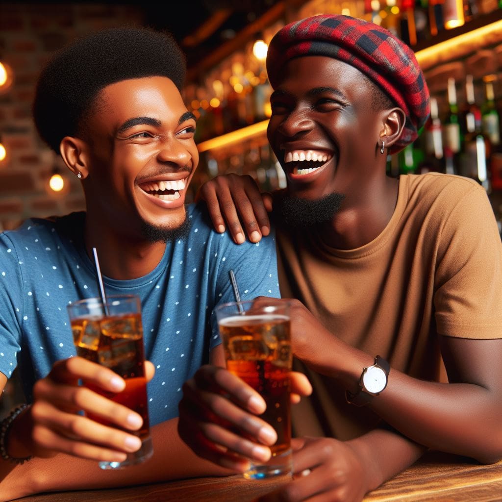 Two friends enjoying drinks together at a bar