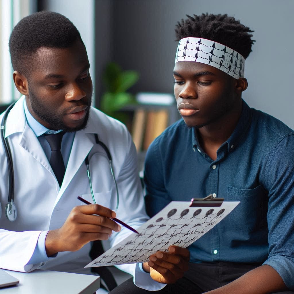 Doctor and patient discussing an EEG test for epilepsy diagnosis